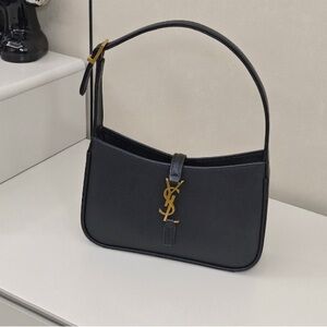 Yves Saint Laurent Black Leather Shoulder Bag with Gold YSL Logo